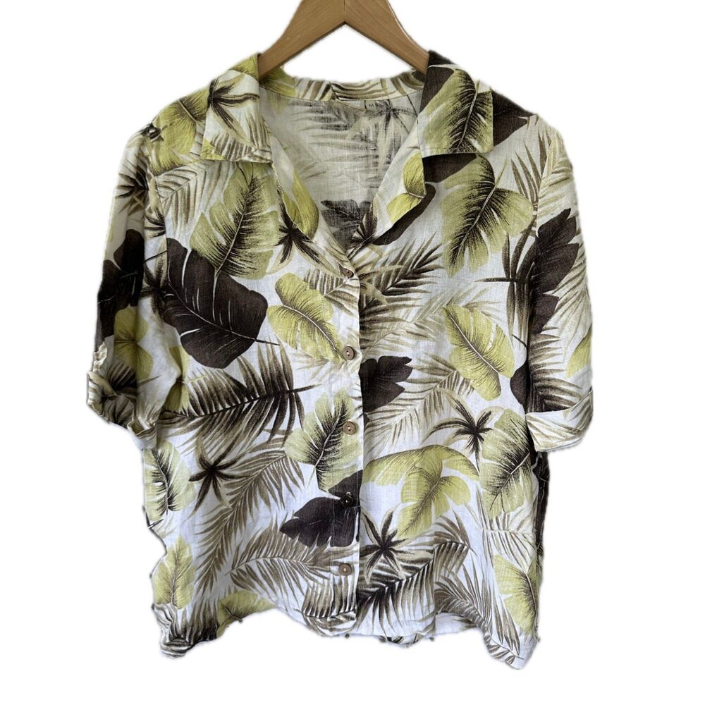 Vintage Lantana Casuals Women's 100% Linen Hawaiian Tropical Button Down Shirt M